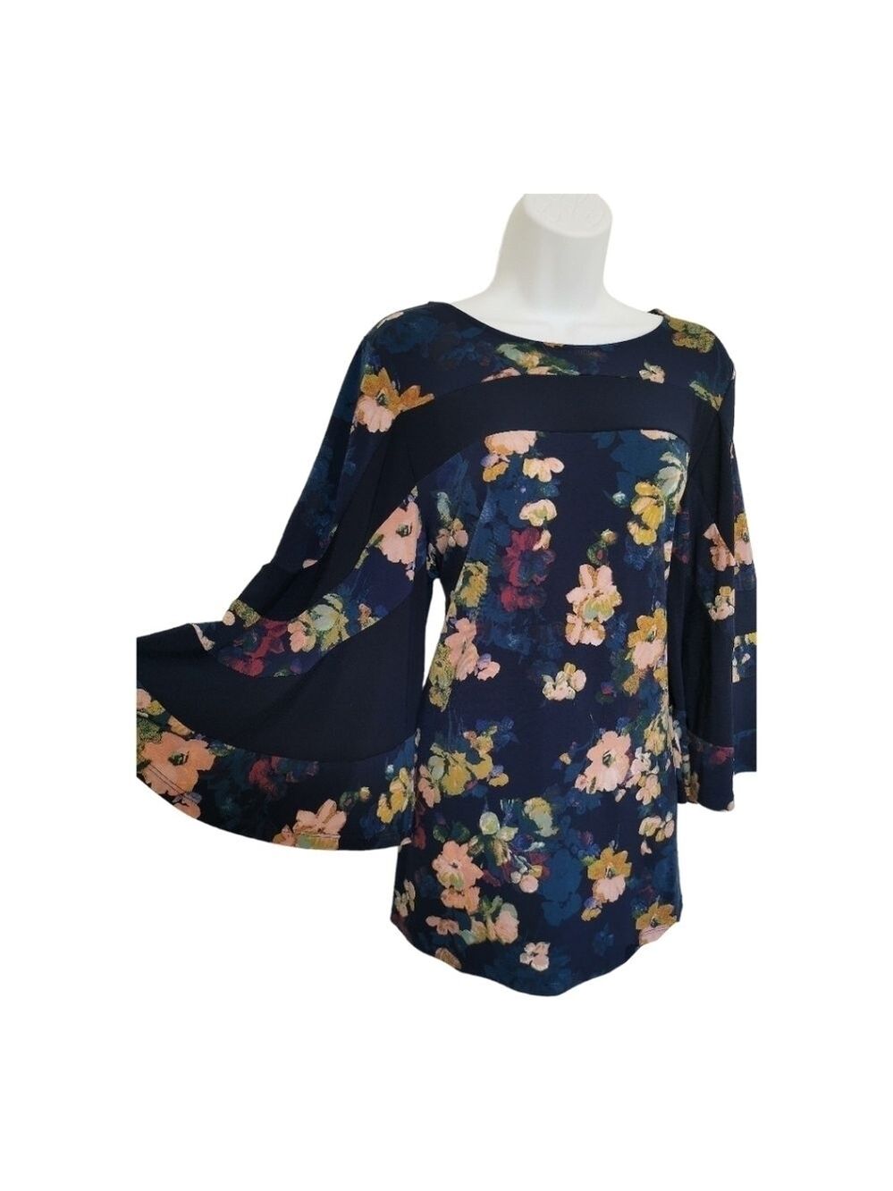Nina Leonard navy blue floral Jersey top with flare sleeves size L